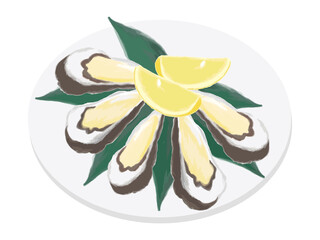 お皿にのった牡蠣とカットレモンと笹の葉