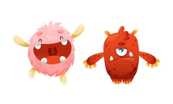 Cute Monster Character as Toothy and Hairy Mutant with Funny Friendly Face and Big Mouth Vector Set