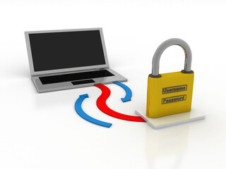 3d illustration Safety concept: Closed Padlock with laptop on digital background
