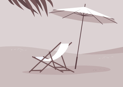 A paradise beach with a deck chair made of wood and a piece of fabric, a parasol, and a coconut palm tree, summertime outdoor lifestyle