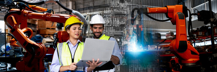 Industry robot programming software for automated manufacturing technology. Technician manager,...