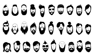 Big set of stylish hipster men with different haircuts and beards. Silhouettes, emblems, badges, labels. Vector illustration in doodle style.