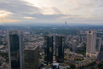 Obraz premium Aerial view of Frankfurt city center with skyscraper of financial institutes, banks and office buildings