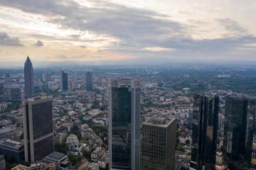 Fototapeta premium Aerial view of Frankfurt city center with skyscraper of financial institutes, banks and office buildings