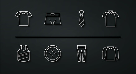 Set line T-shirt, Undershirt, Polo, Leggings, Sewing button for clothes, Men underpants, Sweater and Tie icon. Vector