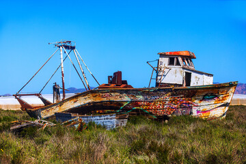 abandoned and dilapidated wreck of a fishing boat on land covered with grass