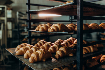 freshly baked croissants in the baking oven