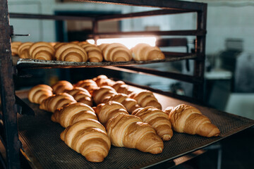 croissant making factory bakery fresh cook biscuit - obrazy, fototapety, plakaty