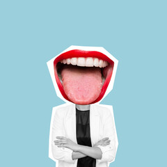 Young cheerful business woman headed by wide open mouth shows tongue standing with her arms crossed isolated on blue color background. Trendy collage in magazine style. Contemporary art. Modern design