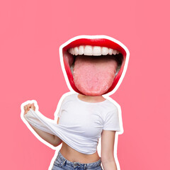 A young happy ridiculous woman headed by big mouth shows tongue grimacing and pulling up her white t-shirt on pink color background. Trendy collage in magazine style. Contemporary art. Modern design