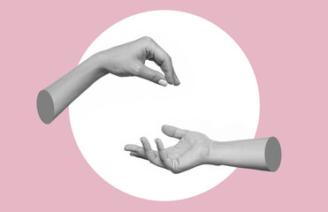 Female hand makes a gesture like handing the hanging object to outstretched hand isolated on a pink...