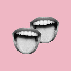 Black and white women's wide open mouths showing tongues isolated on a pink background. Smiles,...