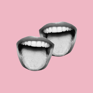 Black and white women's wide open mouths showing tongues isolated on a pink background. Smiles, joy, laughter, positive emotions. Trendy collage in magazine style. Contemporary art. Modern design