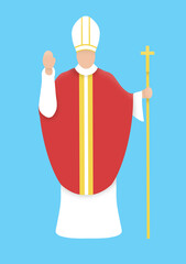 A pope in the red-white robe with golden cross mark and golden staff in his hand.