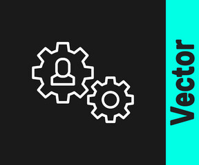 White line Human with gear icon isolated on black background. Artificial intelligence. Thinking brain sign. Symbol work of brain. Vector