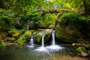 waterfall the schiessentumpel and bridge in luxembourg - obrazy, fototapety, plakaty