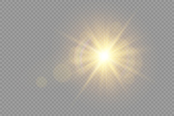 Glow bright light star, yellow sun rays, bokeh.