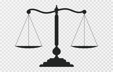 Scales of justice icon. Dark empty scale isolated on transparent background. Bowls of scales in balance, an imbalance of scales. Classic balance icon. Law balance symbol. Vector illustration