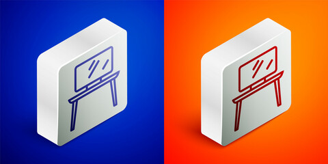 Isometric line TV table stand icon isolated on blue and orange background. Silver square button. Vector