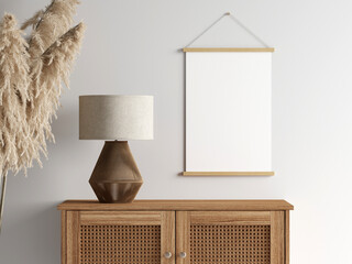 Poster mockup in boho living room interior, 3d render