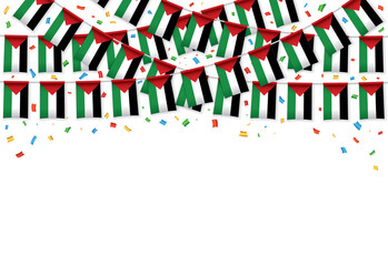 Palestine flags garland white background with confetti, Hang bunting for Palestinian Independence Day celebration template banner, Vector illustration