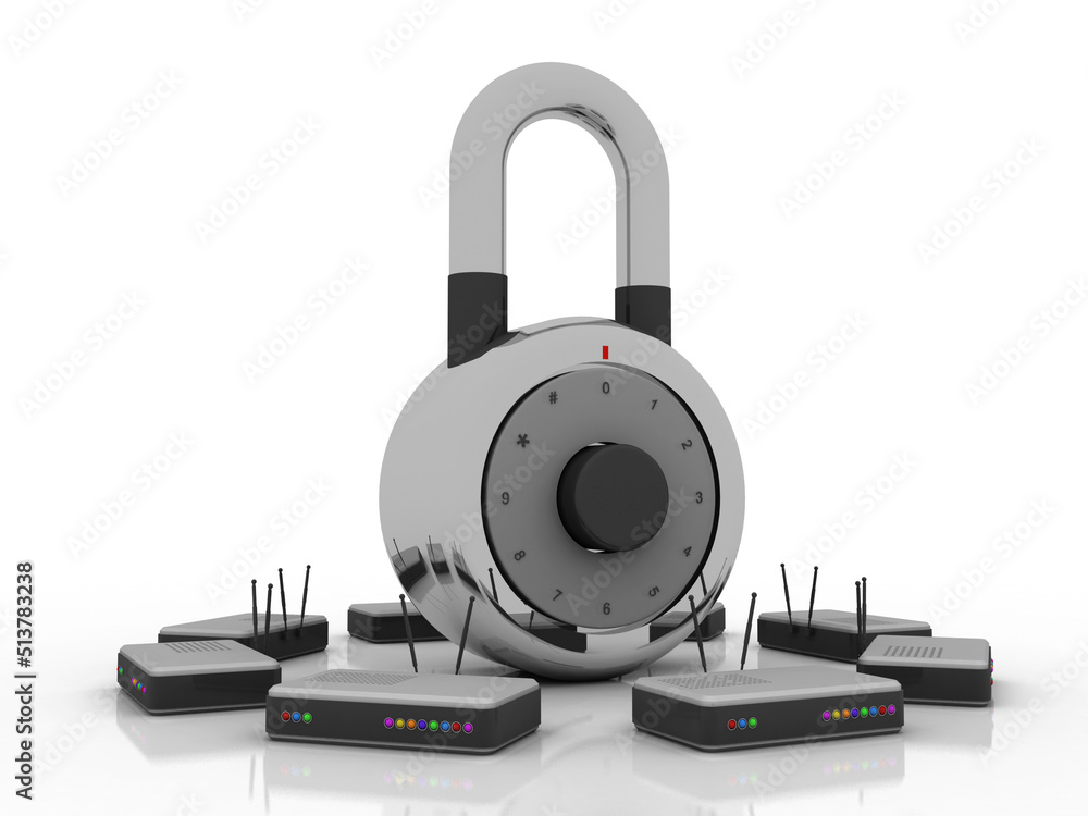 Poster 3d rendering transmitter wifi with lock