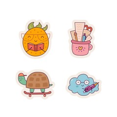 cartoon set of different cute kawaii stickers hand drawn vector illustration