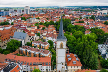 Aerial view of the historic center of Erfurt old city from above with old houses , bridge and...