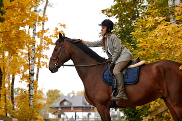 Portrait of a pretty young woman with a brown horse riding autumn day