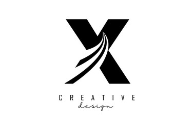 Black letter X logo with leading lines and road concept design. Letter X with geometric design.