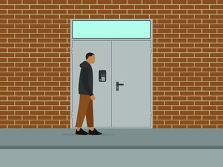 A male character stands in front of a metal door with an intercom