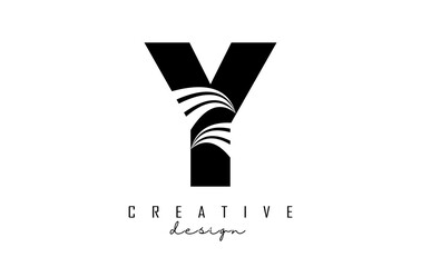 Black letter Y logo with leading lines and road concept design. Letter Y with geometric design.