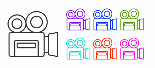 Black line Retro cinema camera icon isolated on white background. Video camera. Movie sign. Film projector. Set icons colorful. Vector