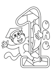 monkey with number one coloring page or book for kids