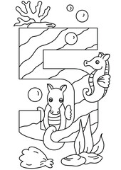 sea horse with number five coloring page or book for kids