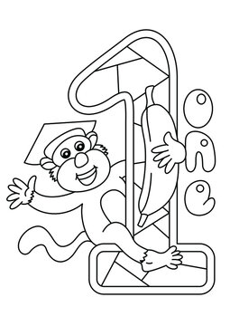 recommend clip art: monkey with number one coloring page or book for kids