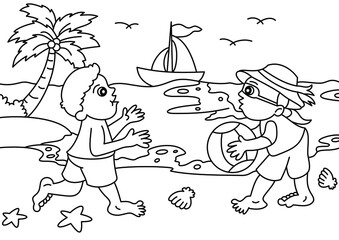 children playing ball on the beach coloring page or book for kids