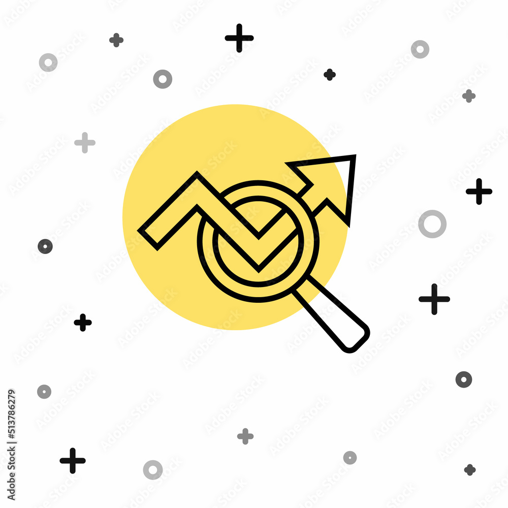 Aufkleber black line magnifying glass and data analysis icon isolated on white background. search sign. random