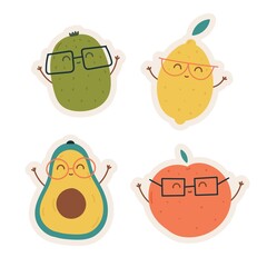 set of cartoon cute kawaii stickers avocado lemon apple kiwi hand drawn vector illustration
