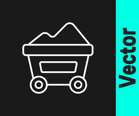 White line Coal mine trolley icon isolated on black background. Factory coal mine trolley. Vector