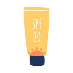 Tube of sunscreen SPF 20. Moisturizing face and body lotion with skin protection from UV rays, uva, uvb. Sunscreen protection and sun safety. Vector illustration in flat style