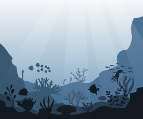 Underwater ocean background. Black silhouettes swimming sea fish with corals and vector plants.