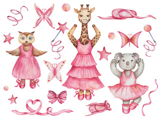 Watercolor illustration of hand painted grey koala bear, brown giraffe and owl bird. Girls in dance studio in pink dresses, ballet shoes. Cartoon animal characters. Isolated clip art for print, cards © Olga Sidelnikova