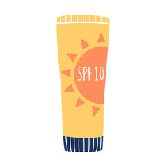 Tube of lotion SPF 10. Moisturizing cream for face and body with UV protection. Gentle sunscreen protection and sun safety. Vector illustration in a flat style.