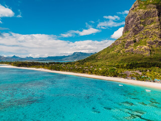 Landscape with Le Morne mountain, blue ocean and beach in Mauritius. Aerial view