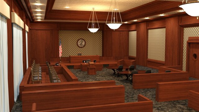 3D-Illustration of an empty justice court with table and chairs