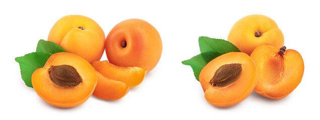 Apricot fruit with half isolated on white background macro. Set or collection - obrazy, fototapety, plakaty