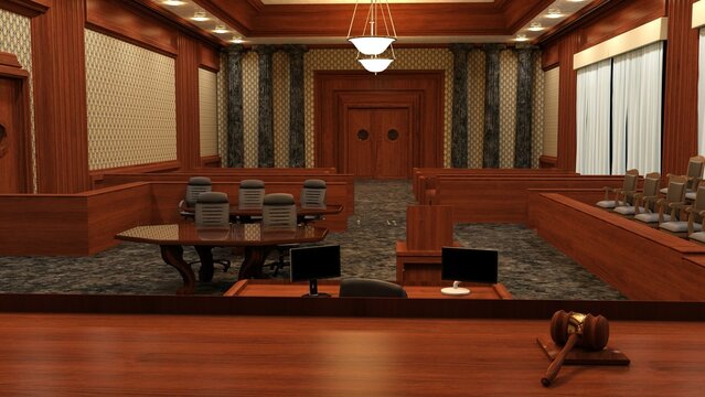 3D-Illustration of an empty justice court with table and chairs