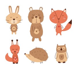 set of cute cartoon forest animals in scandinavian style vector illustration