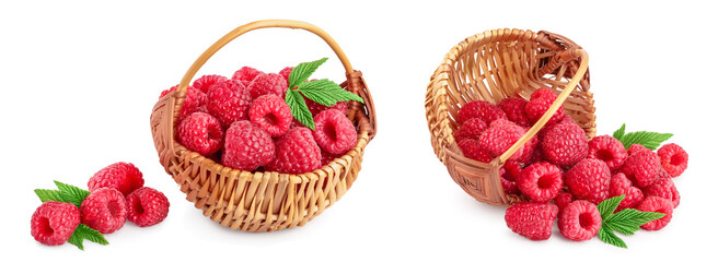 Ripe raspberries with leaf in a wicker basket isolated on white background. Set or collection